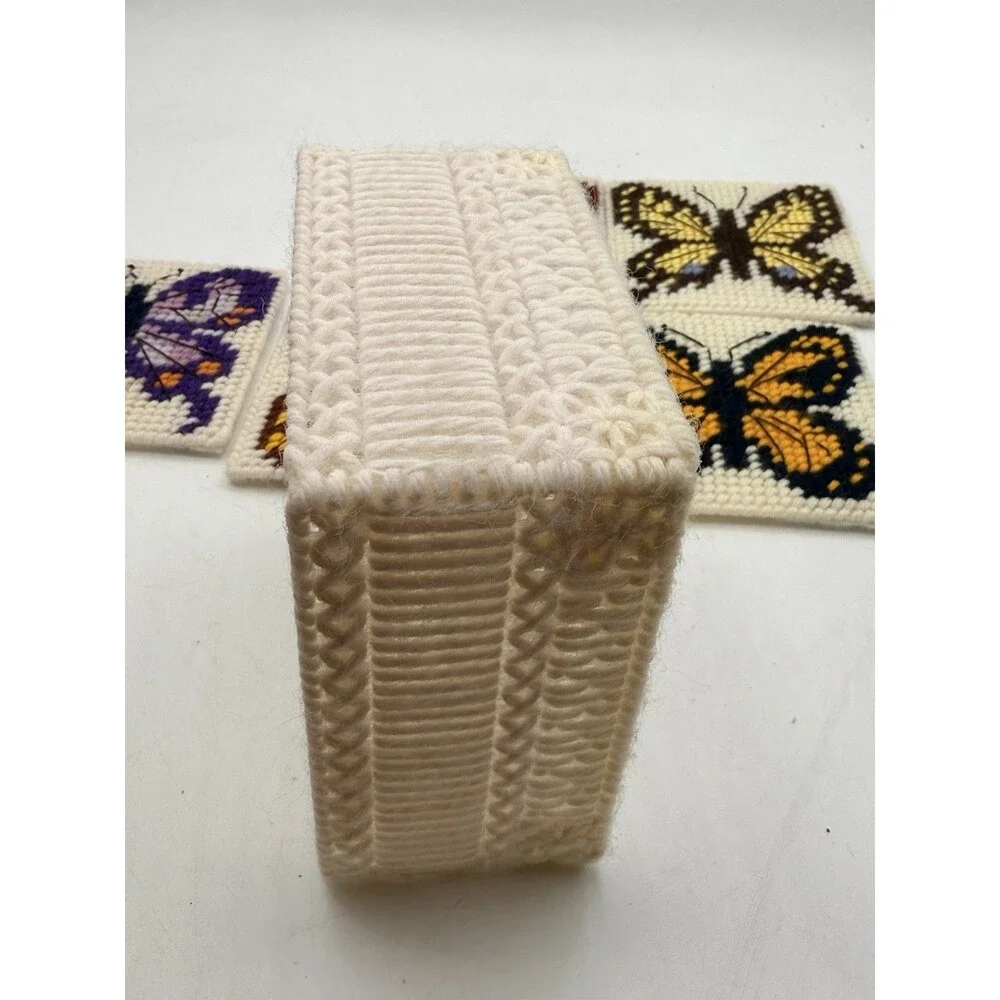 VTG 5 Butterfly Monarch + Handmade Plastic Canvas Coaster Sets w/ Basket Holder